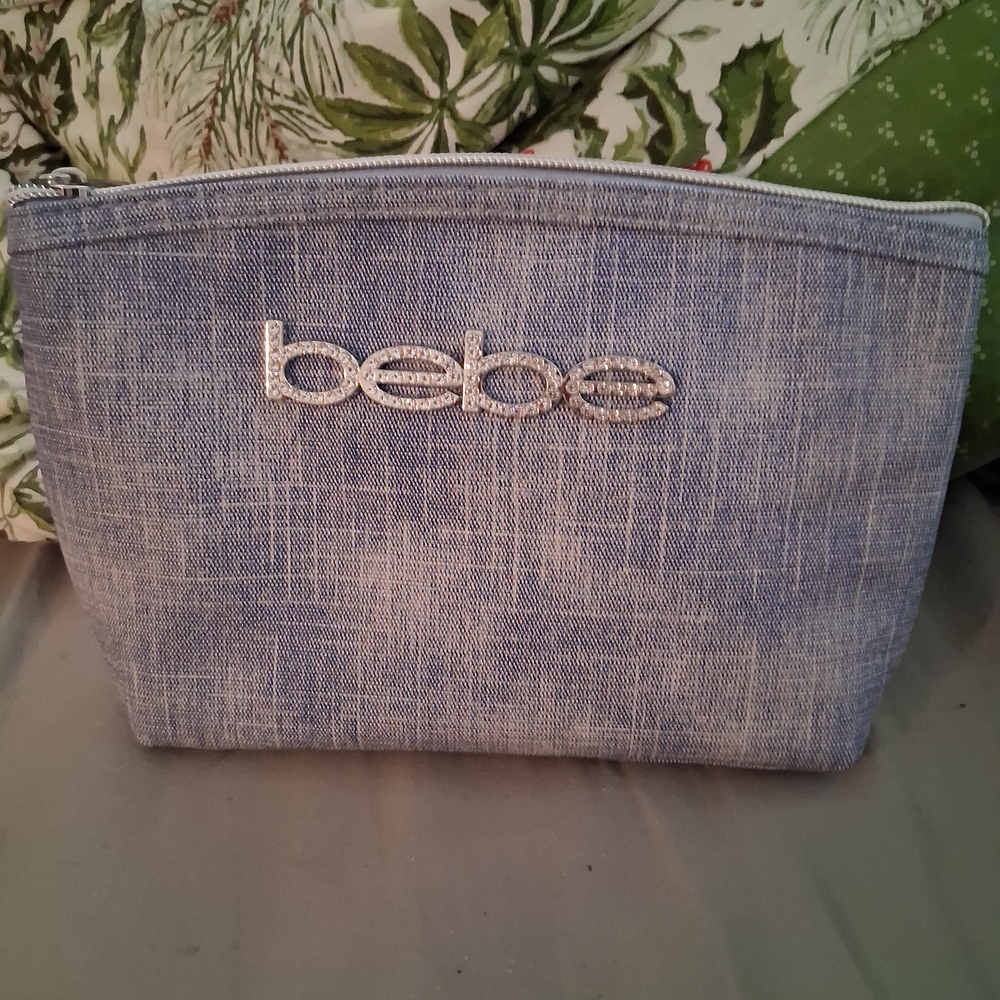 Bebe Blue Denim Cosmetic Bag w Pavé Crystal Logo
